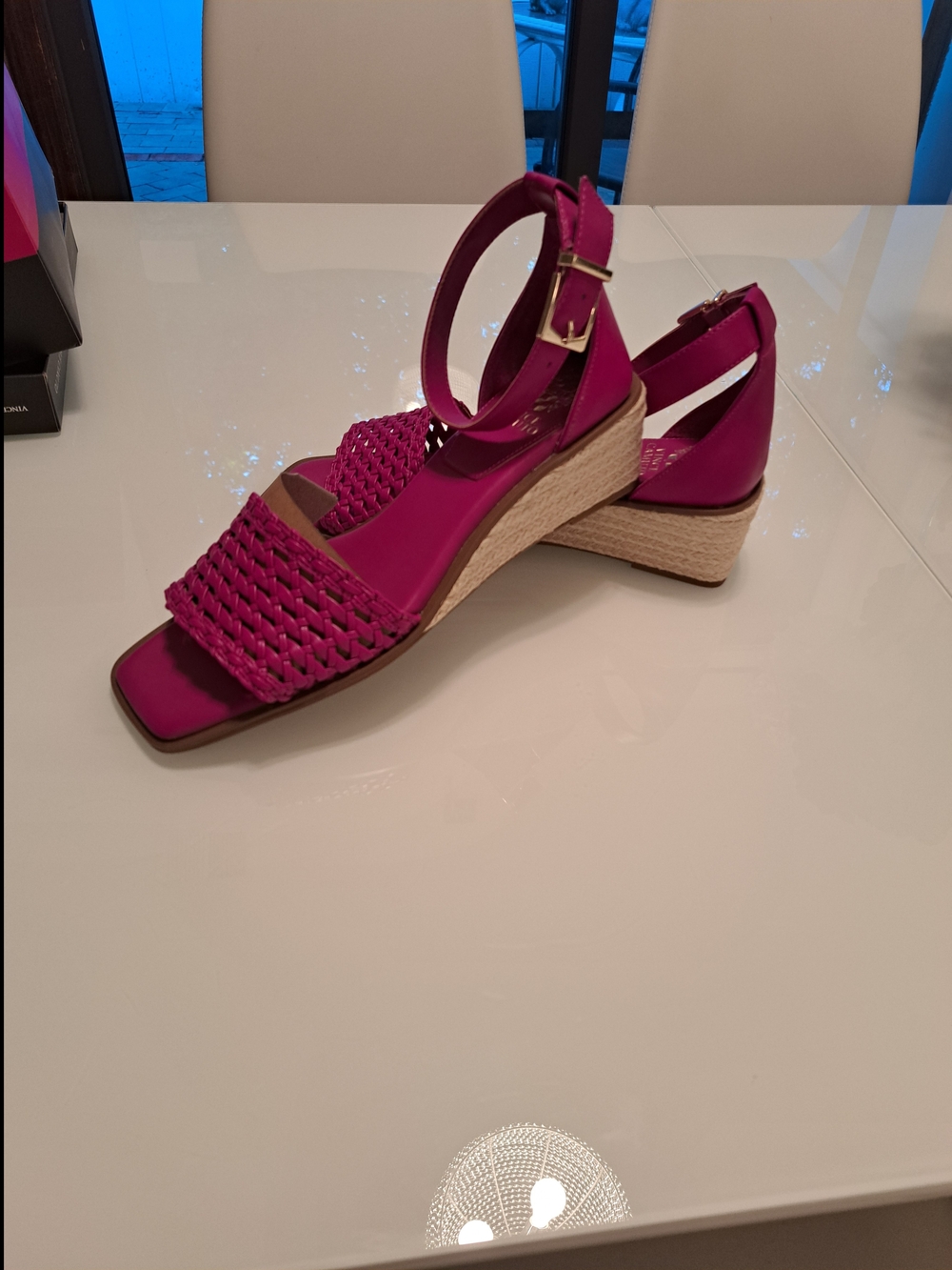 Woven Ankle-Strap Wedge Sandals in Fuchsia